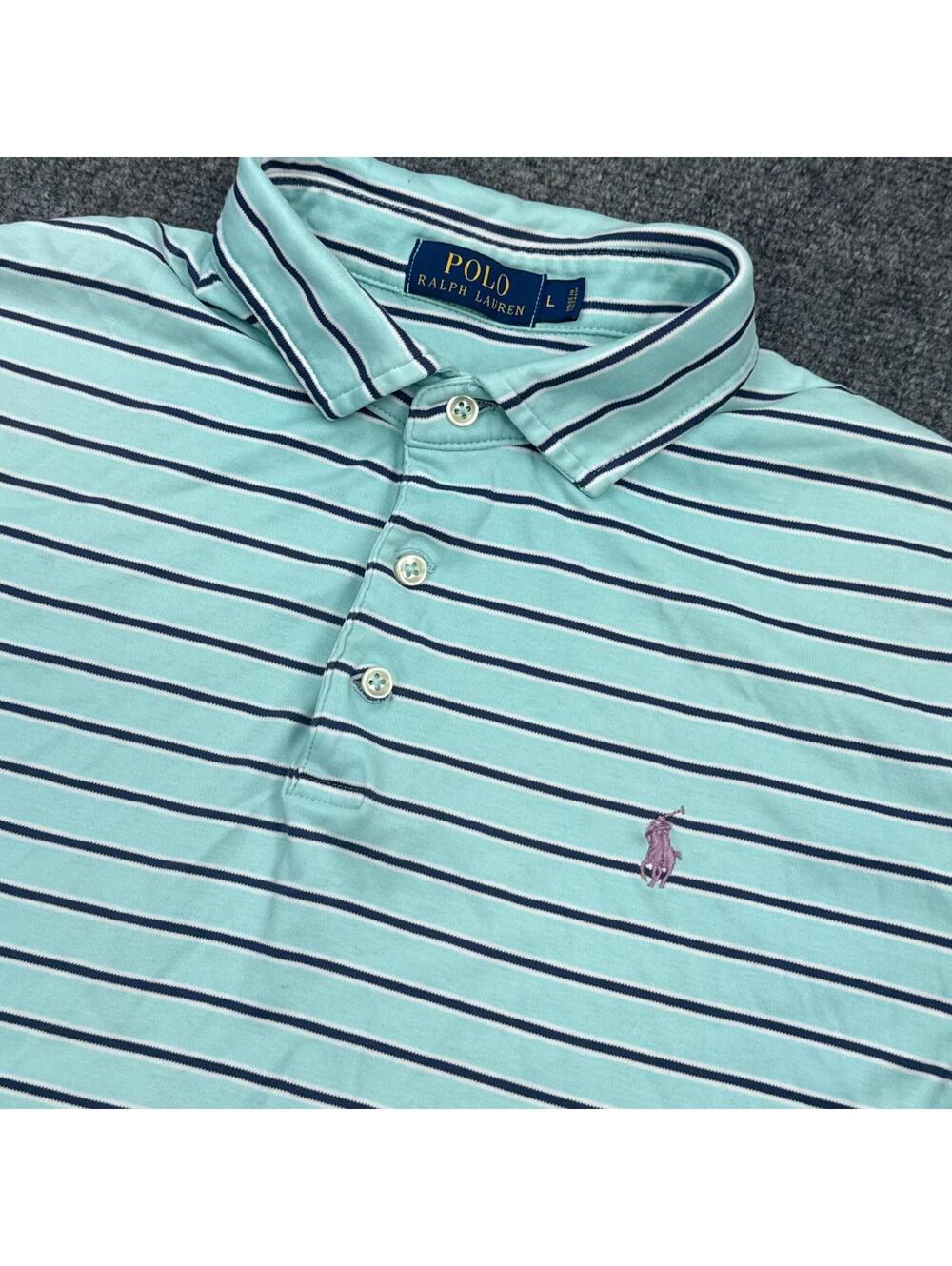Ralph Lauren Polo Shirt Mens Size Large Light Blue Stiped Pink Pony Casual